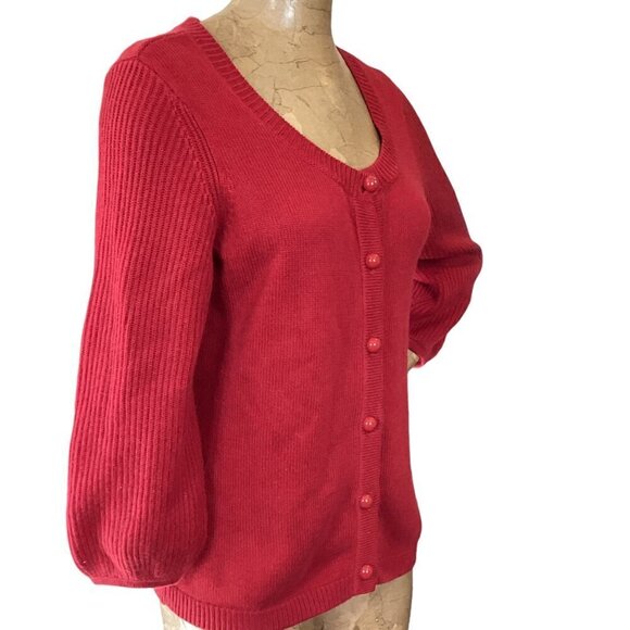 Talbots Button-Up Cardigan Sweater Ribbed Knit Balloon Sleeves M Red #314E - Picture 3 of 7